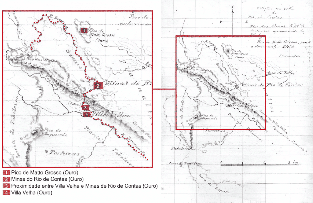 Representação cartográfica da área em que se situam a Vila Velha e Minas de Rio de Contas, feita por Theodoro Sampaio em expedição à Bahia, em meados de 1879. Representação cartográfica da área em que se situam a Vila Velha e Minas de Rio de Contas, feita por Theodoro Sampaio em expedição à Bahia, em meados de 1879.