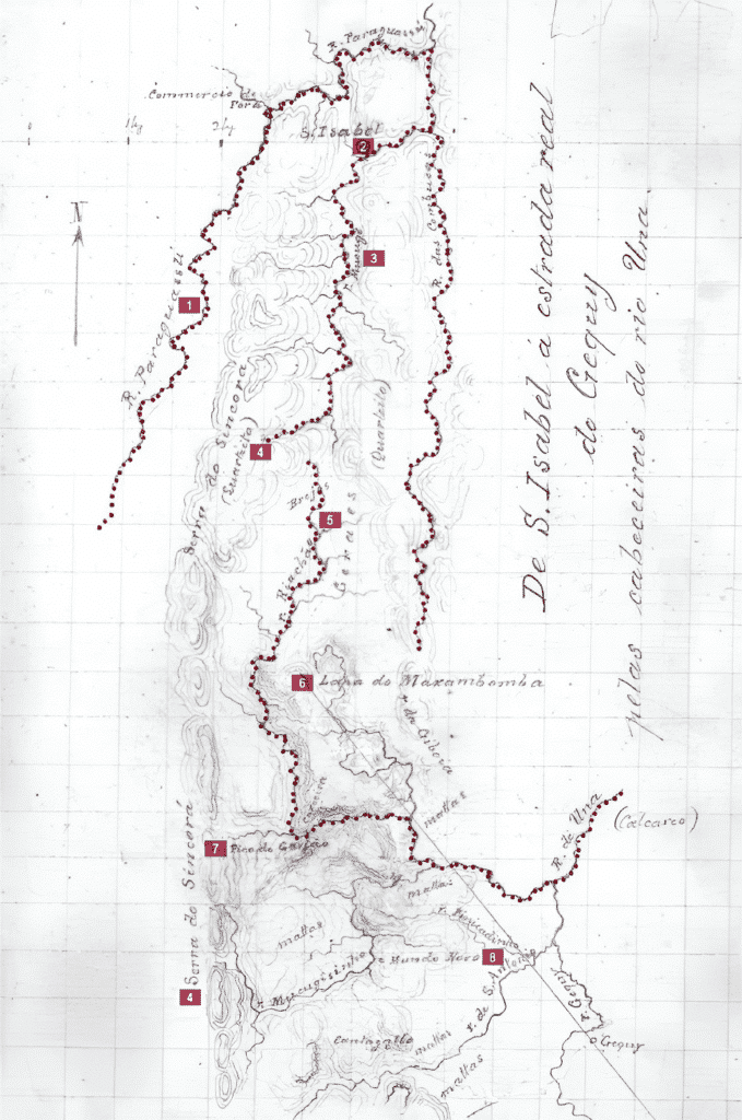 Estrada real. De S. Isabel à estrada real de Geguy, 1879. Fonte: Mapa elaborado por Theodoro Sampaio em sua Expedição pela Bahia, em 1879. Estrada real. De S. Isabel à estrada real de Geguy, 1879. Fonte: Mapa elaborado por Theodoro Sampaio em sua Expedição pela Bahia, em 1879.