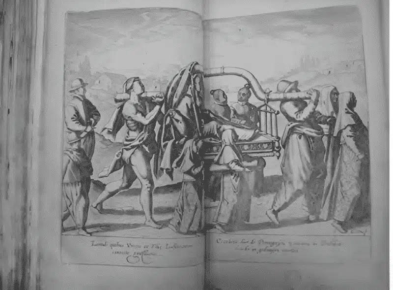 Portuguesa sendo carregada em liteira - Autor desconhecido. Ilustração de Jan Huygen van Linschoten, Histoire de la navigation... (Amsterdam, 1638, 3a ed.). Água-forte sobre papel. Instituto de Estudos Brasileiros da USP, São Paulo Portuguesa sendo carregada em liteira - Autor desconhecido. Ilustração de Jan Huygen van Linschoten, Histoire de la navigation... (Amsterdam, 1638, 3a ed.). Água-forte sobre papel. Instituto de Estudos Brasileiros da USP, São Paulo