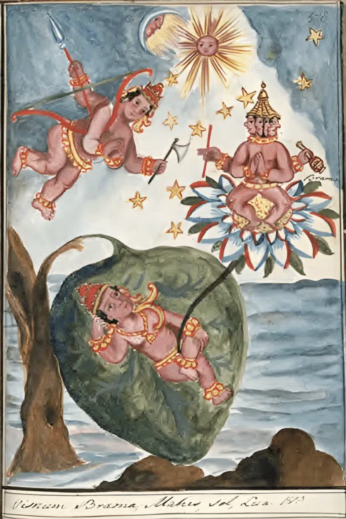 Autor desconhecido. Vishnu, Brahma, Mahés, Sol, Lua, Estrelas, sem data (séc.XVIII) Autor desconhecido. Vishnu, Brahma, Mahés, Sol, Lua, Estrelas, sem data (séc.XVIII) - Aquarela sobre papel - Ilustração de Notícia sumária do gentilíssimo da Ásia. Biblioteca Nacional de Portugal, Lisboa