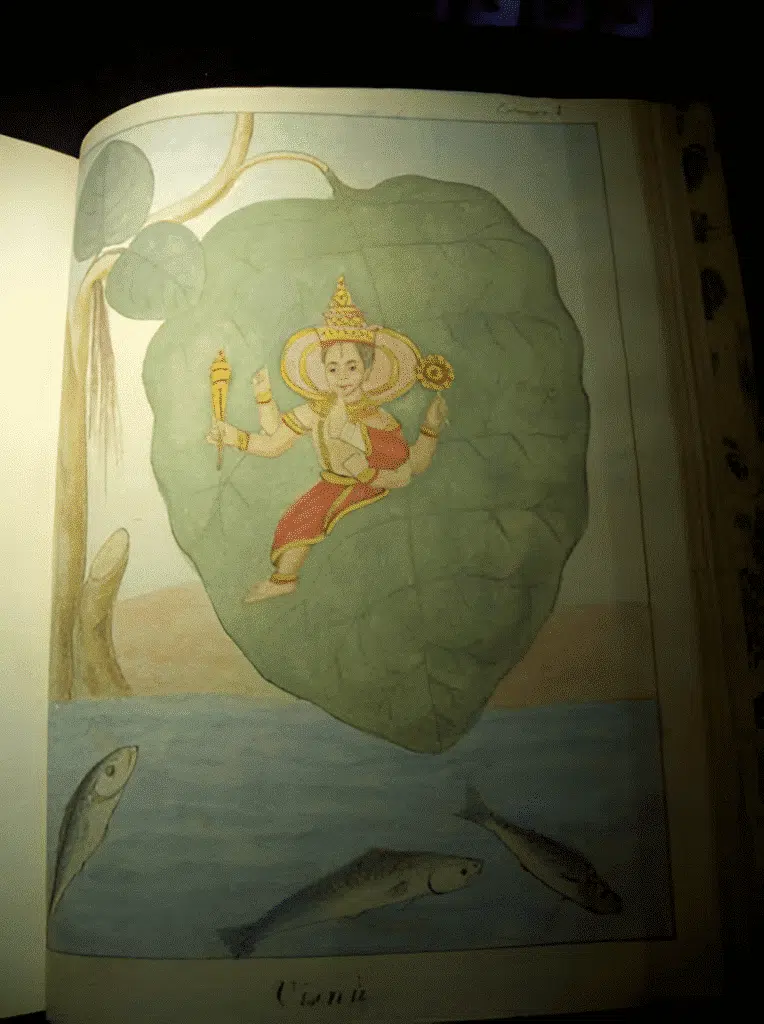 Autor desconhecido. Vishnu, sem data (séc. XVIII) - Aquarela sobre papel - Ilustração de Notícia sumária do gentilíssimo da Ásia. Fundação Oriente, Lisboa Autor desconhecido. Vishnu, sem data (séc. XVIII) - Aquarela sobre papel - Ilustração de Notícia sumária do gentilíssimo da Ásia. Fundação Oriente, Lisboa