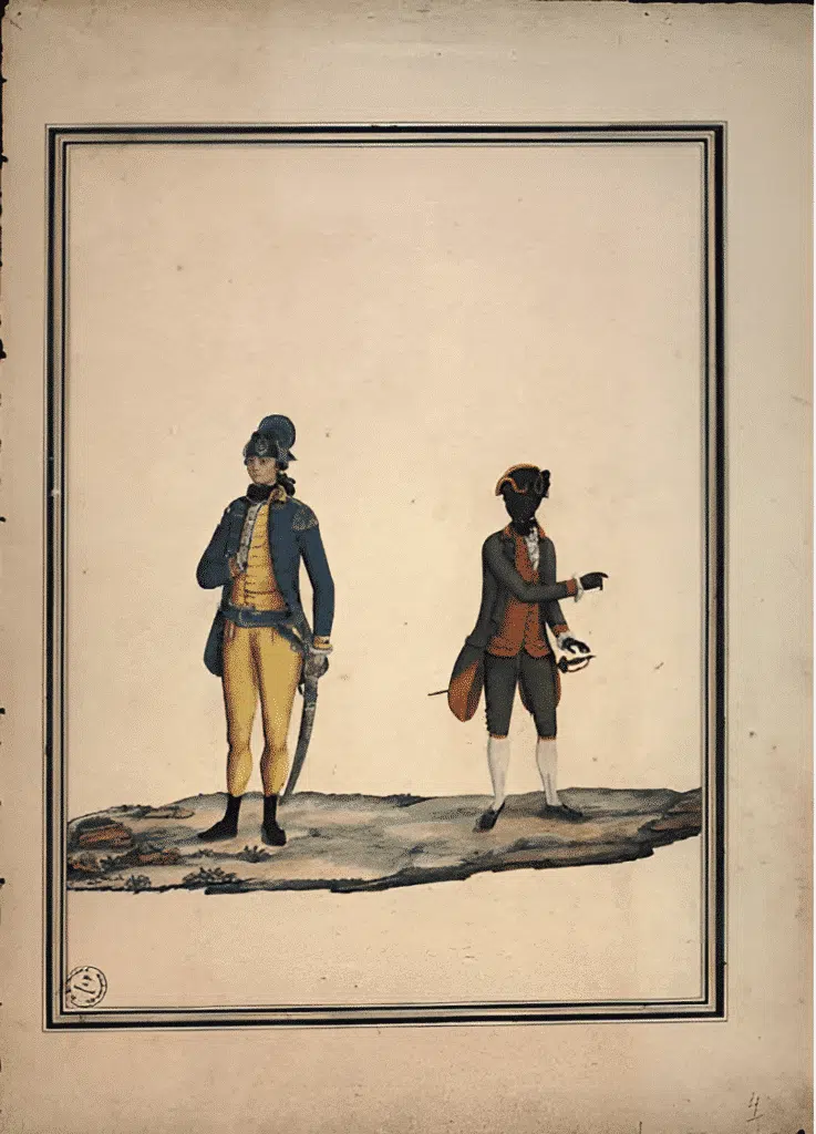 Atribuído a Carlos Julião. Estampa 4 de "Ditos de Figurinhos de Brancos e Negros...", sem data (século XVIII). Aquarela sobre papel. Fundação Biblioteca Nacional, Rio de Janeiro. Atribuído a Carlos Julião. Estampa 4 de "Ditos de Figurinhos de Brancos e Negros...", sem data (século XVIII). Aquarela sobre papel. Fundação Biblioteca Nacional, Rio de Janeiro.