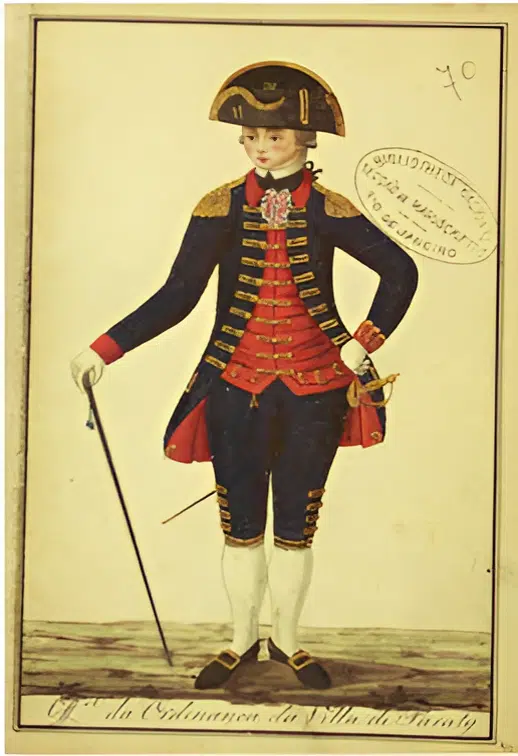 Figura 19 – Oficial da ordenança da Vila de Parati - José Corrêa Rangel. Ilustração de Guarnição do Rio de Janeiro com seus uniformes e mapas do número dos regimentos pagos e dos auxiliares. Feito por José Corrêa Rangel. Ajudante de infantaria com exercício de engenheiro, 1786 - Aquarela e nanquim sobre papel - Fundação Biblioteca Nacional, Rio de Janeiro. Figura 19 – Oficial da ordenança da Vila de Parati - José Corrêa Rangel. Ilustração de Guarnição do Rio de Janeiro com seus uniformes e mapas do número dos regimentos pagos e dos auxiliares. Feito por José Corrêa Rangel. Ajudante de infantaria com exercício de engenheiro, 1786 - Aquarela e nanquim sobre papel - Fundação Biblioteca Nacional, Rio de Janeiro.