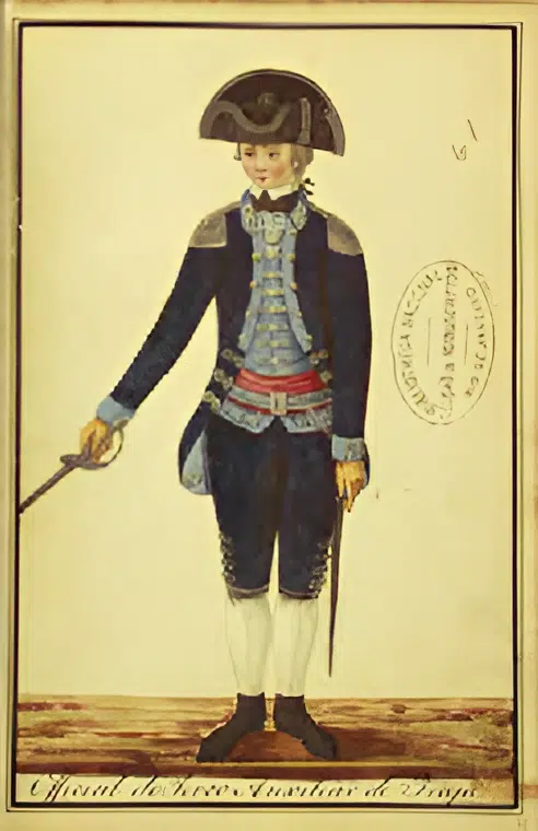Oficial do terço auxiliar de Irajá- José Corrêa Rangel. Ilustração de Guarnição do Rio de Janeiro com seus uniformes e mapas do número dos regimentos pagos e dos auxiliares. Feito por José Corrêa Rangel. Ajudante de infantaria com exercício de engenheiro, 1786 - Aquarela e nanquim sobre papel - Fundação Biblioteca Nacional, Rio de Janeiro. Oficial do terço auxiliar de Irajá- José Corrêa Rangel. Ilustração de Guarnição do Rio de Janeiro com seus uniformes e mapas do número dos regimentos pagos e dos auxiliares. Feito por José Corrêa Rangel. Ajudante de infantaria com exercício de engenheiro, 1786 - Aquarela e nanquim sobre papel - Fundação Biblioteca Nacional, Rio de Janeiro.