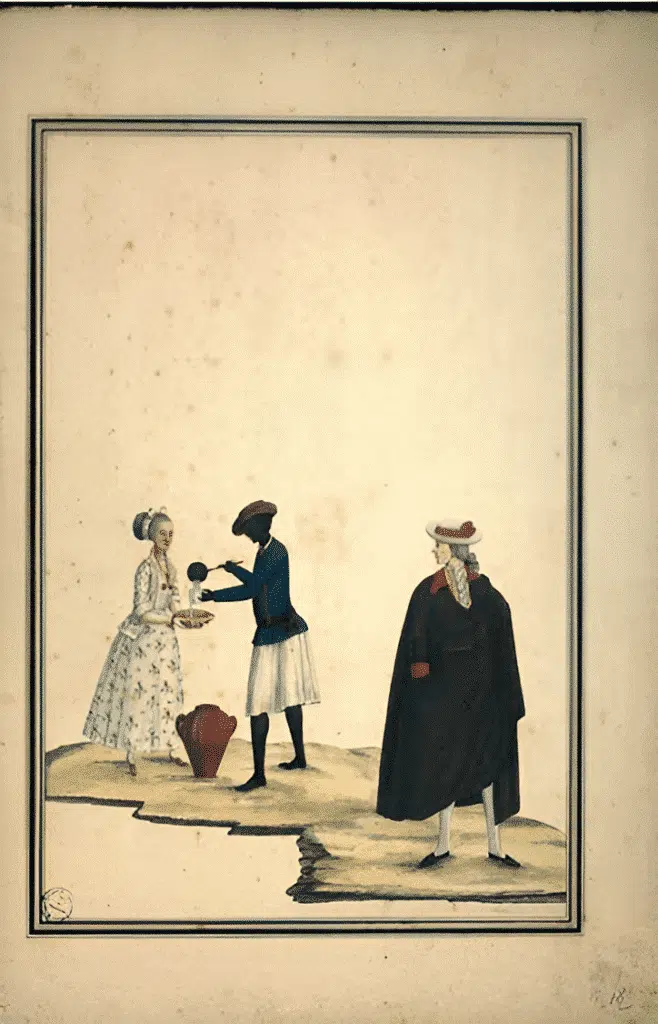 Atribuído a Carlos Julião. Estampa 18 de "Ditos de Figurinhos de Brancos e Negros...", sem data (século XVIII). Aquarela sobre papel. Fundação Biblioteca Nacional, Rio de Janeiro. Atribuído a Carlos Julião. Estampa 18 de "Ditos de Figurinhos de Brancos e Negros...", sem data (século XVIII). Aquarela sobre papel. Fundação Biblioteca Nacional, Rio de Janeiro.