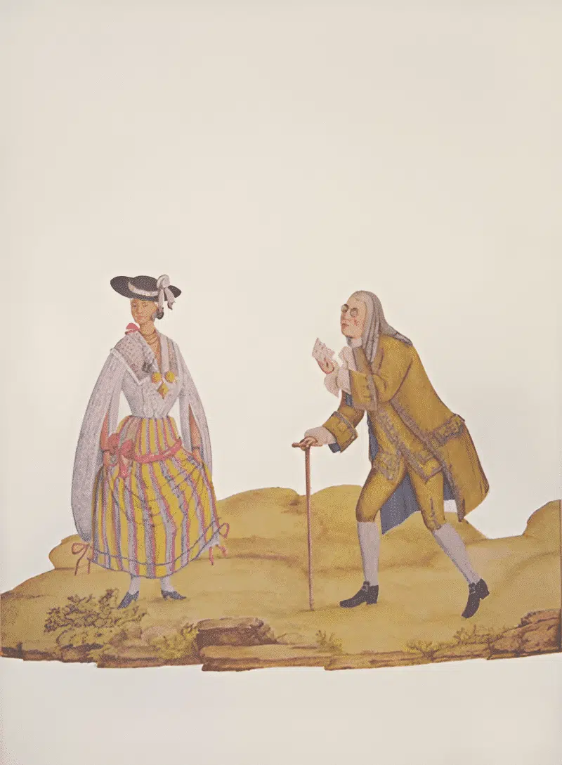 Atribuído a Carlos Julião. Estampa 23 de "Ditos de Figurinhos de Brancos e Negros...", sem data (século XVIII). Aquarela sobre papel. Fundação Biblioteca Nacional, Rio de Janeiro. Atribuído a Carlos Julião. Estampa 23 de "Ditos de Figurinhos de Brancos e Negros...", sem data (século XVIII). Aquarela sobre papel. Fundação Biblioteca Nacional, Rio de Janeiro.