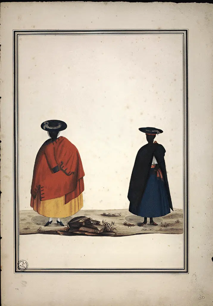 Atribuído a Carlos Julião. Estampa 30 de "Ditos de Figurinhos de Brancos e Negros...", sem data (século XVIII). Aquarela sobre papel. Fundação Biblioteca Nacional, Rio de Janeiro. Atribuído a Carlos Julião. Estampa 30 de "Ditos de Figurinhos de Brancos e Negros...", sem data (século XVIII). Aquarela sobre papel. Fundação Biblioteca Nacional, Rio de Janeiro.