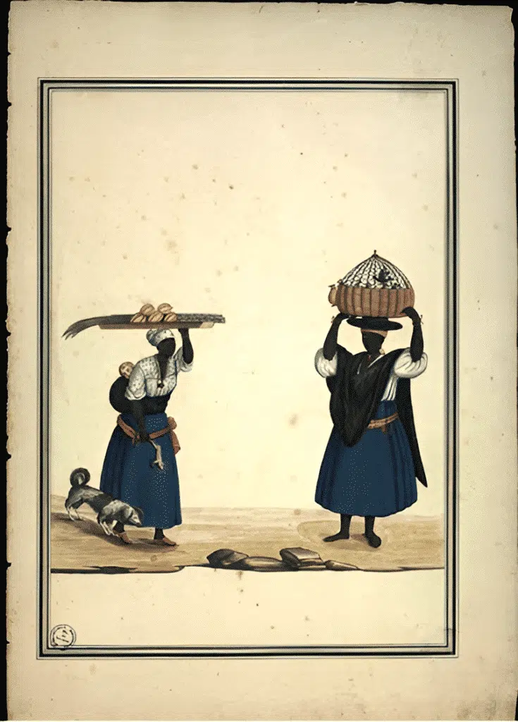 Atribuído a Carlos Julião. Estampa 31 de "Ditos de Figurinhos de Brancos e Negros...", sem data (século XVIII). Aquarela sobre papel. Fundação Biblioteca Nacional, Rio de Janeiro. Atribuído a Carlos Julião. Estampa 31 de "Ditos de Figurinhos de Brancos e Negros...", sem data (século XVIII). Aquarela sobre papel. Fundação Biblioteca Nacional, Rio de Janeiro.