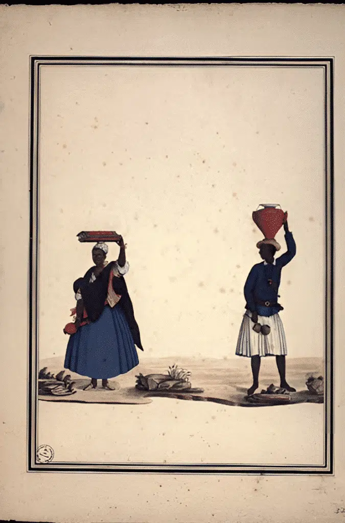 Atribuído a Carlos Julião. Estampa 32 de "Ditos de Figurinhos de Brancos e Negros...", sem data (século XVIII). Aquarela sobre papel. Fundação Biblioteca Nacional, Rio de Janeiro. Atribuído a Carlos Julião. Estampa 32 de "Ditos de Figurinhos de Brancos e Negros...", sem data (século XVIII). Aquarela sobre papel. Fundação Biblioteca Nacional, Rio de Janeiro.