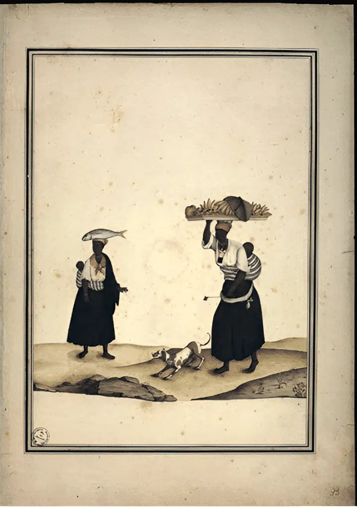 Atribuído a Carlos Julião. Estampa 33 de "Ditos de Figurinhos de Brancos e Negros...", sem data (século XVIII). Aquarela sobre papel. Fundação Biblioteca Nacional, Rio de Janeiro. Atribuído a Carlos Julião. Estampa 33 de "Ditos de Figurinhos de Brancos e Negros...", sem data (século XVIII). Aquarela sobre papel. Fundação Biblioteca Nacional, Rio de Janeiro.