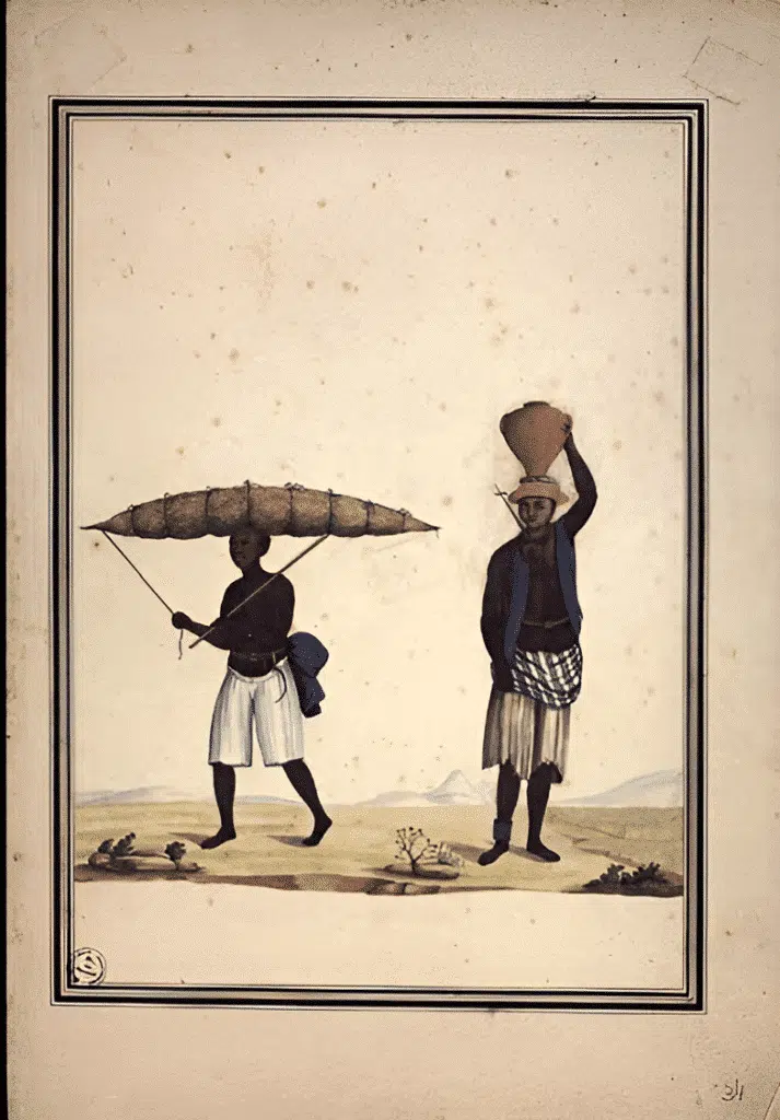 Atribuído a Carlos Julião. Estampa 34 de "Ditos de Figurinhos de Brancos e Negros...", sem data (século XVIII). Aquarela sobre papel. Fundação Biblioteca Nacional, Rio de Janeiro. Atribuído a Carlos Julião. Estampa 34 de "Ditos de Figurinhos de Brancos e Negros...", sem data (século XVIII). Aquarela sobre papel. Fundação Biblioteca Nacional, Rio de Janeiro.