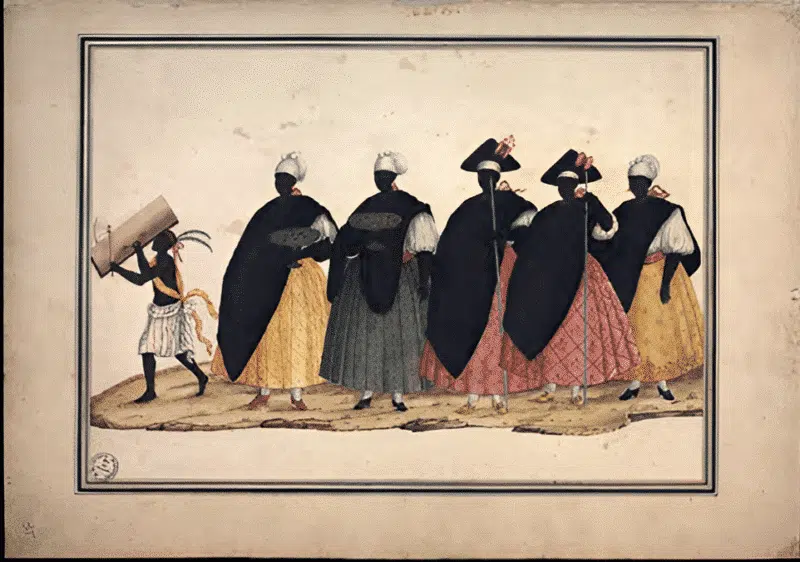 Atribuído a Carlos Julião. Estampa 35 de "Ditos de Figurinhos de Brancos e Negros...", sem data (século XVIII). Aquarela sobre papel. Fundação Biblioteca Nacional, Rio de Janeiro. Atribuído a Carlos Julião. Estampa 35 de "Ditos de Figurinhos de Brancos e Negros...", sem data (século XVIII). Aquarela sobre papel. Fundação Biblioteca Nacional, Rio de Janeiro.
