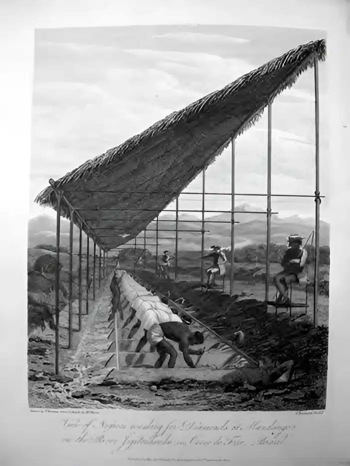 John Mawe, gravado por T. Woolnoth. Vista de negros lavando diamantes em Mandango no rio Jegitonhonha (sic) in Cerro do Frio, Brazil. Água-forte sobre papel - Ilustração de John Mawe, Travels in the interior of Brazil (Londres, 1812). Instituto de Estudos Brasileiros da USP, São Paulo. John Mawe, gravado por T. Woolnoth. Vista de negros lavando diamantes em Mandango no rio Jegitonhonha (sic) in Cerro do Frio, Brazil. Água-forte sobre papel - Ilustração de John Mawe, Travels in the interior of Brazil (Londres, 1812). Instituto de Estudos Brasileiros da USP, São Paulo.
