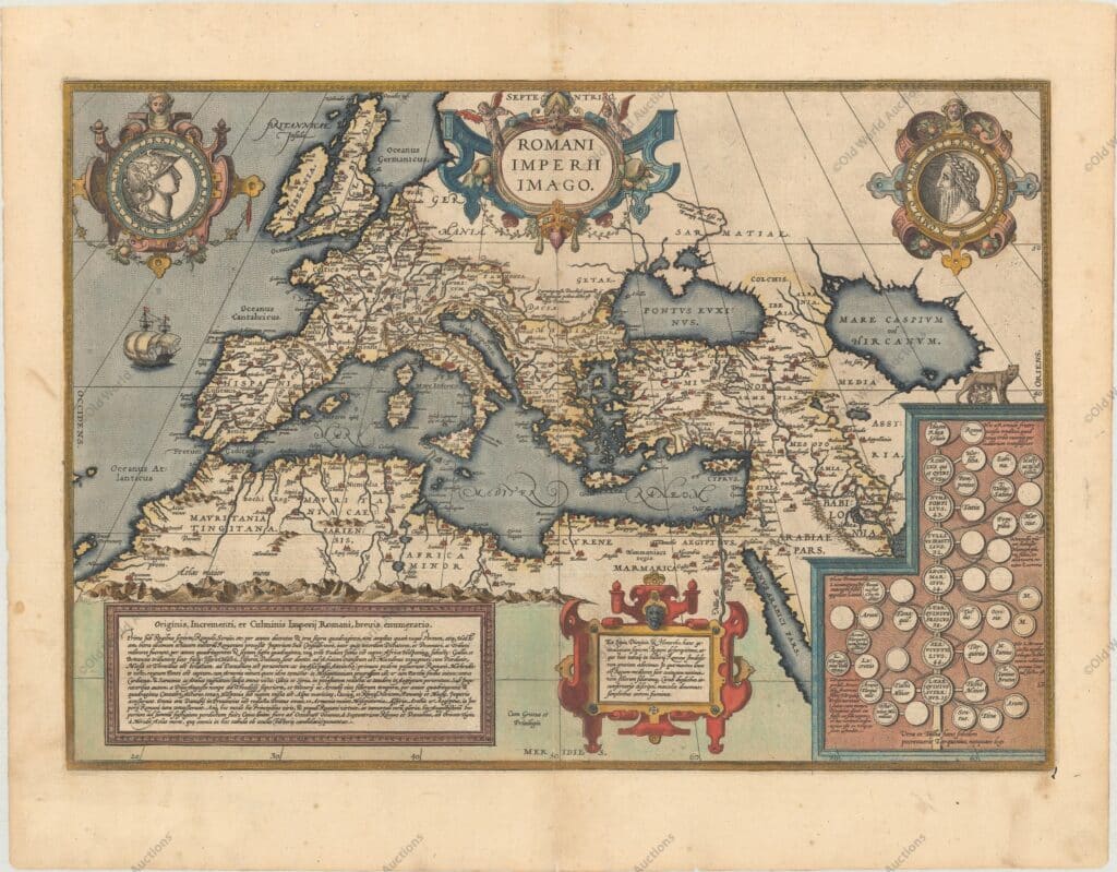 "Romani Imperii Imago", Ortelius, Abraham - Mediterranean, Roman Empire, 1584 "Romani Imperii Imago", Ortelius, Abraham - Mediterranean, Roman Empire, 1584 - Dramatic map of the Roman Empire centered on the Mediterranean and covering most of Europe, Northern Africa, and the Near and Middle East. The map is richly decorated with several strapwork cartouches, two containing portraits of Remus and Romulus, the founder of Rome. The cartouches in the lower section of the map contain an account of Roman history at left and a large genealogical tree of the rulers of Rome at righthistory at left and a large genealogical tree of the rulers of Rome at right.
