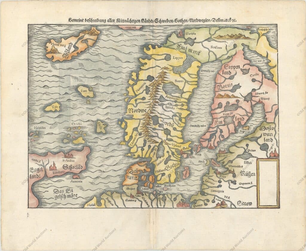 Map of Sebastian Muenster based his second map of Scandinavia on Olaus Magnus' great map (1539) Subject: ScandinaviaPeriod: 1578 (published) Publication: Cosmographey Munster based his second map of Scandinavia on Olaus Magnus' great map (1539) of Scandinavia and the North Atlantic, which was the first to correct the Ptolemaic geography of the region. It is vastly reduced and simplified with the region graphically depicted with numerous fiords and lakes. Iceland and the islands of Tyle, Fare and Hetlad are shown in the North Atlantic. The northern part of Scotland is shown with the peculiar hooked eastward extension familiar from Ptolemy’s maps. From a German edition with a title block surrounded with a woodblock engraving on verso.