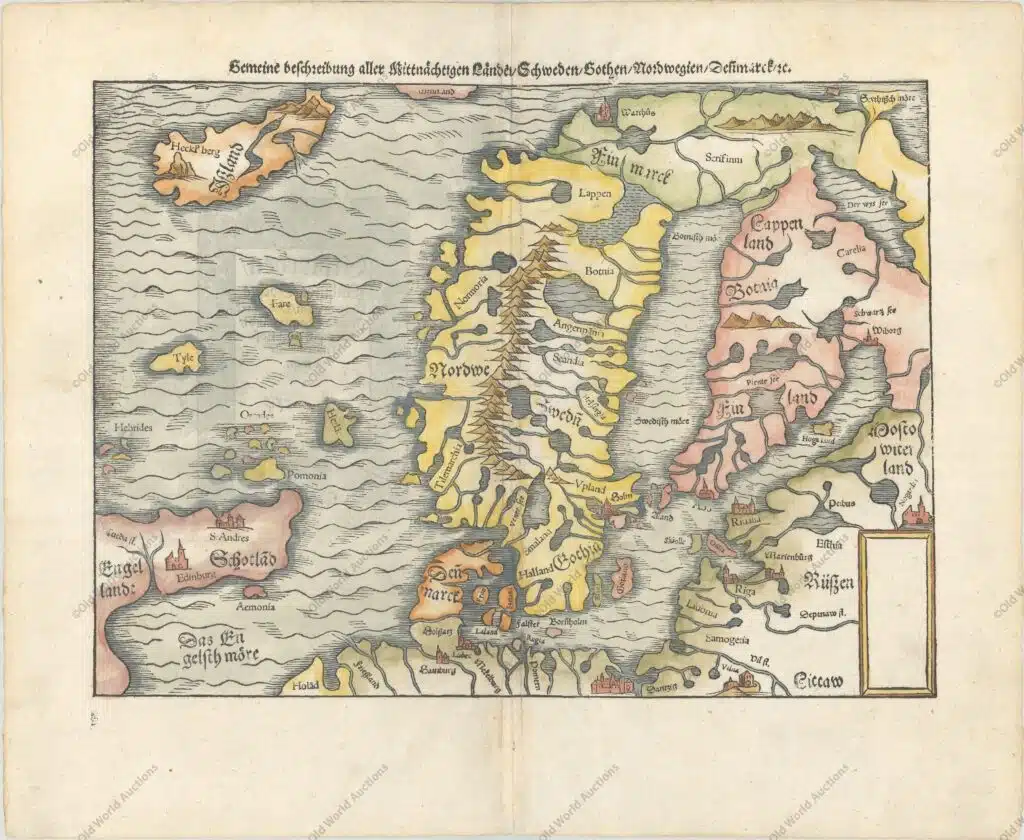 Map of Sebastian Muenster based his second map of Scandinavia on Olaus Magnus' great map (1539) Subject: ScandinaviaPeriod: 1578 (published) Publication: Cosmographey Munster based his second map of Scandinavia on Olaus Magnus' great map (1539) of Scandinavia and the North Atlantic, which was the first to correct the Ptolemaic geography of the region. It is vastly reduced and simplified with the region graphically depicted with numerous fiords and lakes. Iceland and the islands of Tyle, Fare and Hetlad are shown in the North Atlantic. The northern part of Scotland is shown with the peculiar hooked eastward extension familiar from Ptolemy’s maps. From a German edition with a title block surrounded with a woodblock engraving on verso.