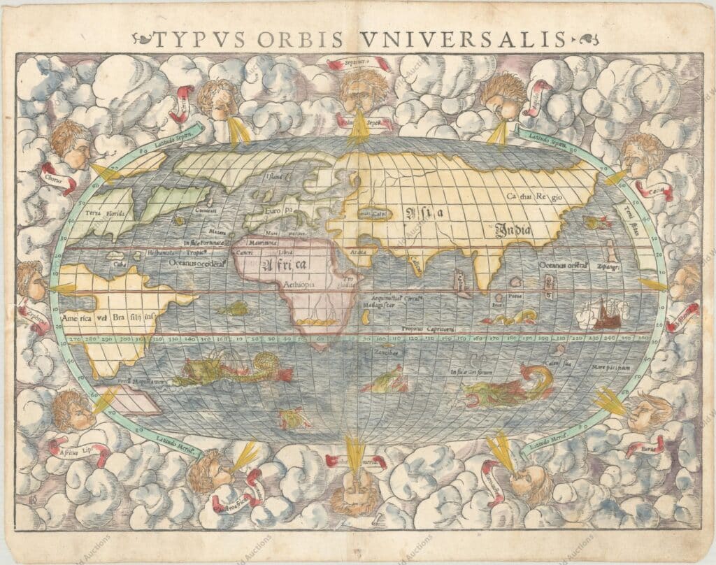 "Typus Orbis Universalis", Sebastian Muenster - Period: 1554 (published) - Publication: Cosmographiae Universalis Sebastian Munster (1489 - 1552) was one of the three most renowned cartographers of the sixteenth century, along with Mercator and Ortelius. Munster's Geographia and Cosmographia Universalis were two of the most widely read and influential books of the period. His editions of Ptolemy's Geographia, published between 1540 and 1552, were illustrated with 48 woodcut maps, the standard 27 Ptolemaic maps supplemented by 21 new maps. These new maps included a separate map of each of the known continents and marked the development of regional cartography in Central Europe. The antique geography was a prelude to Munster's major work, the Cosmographia, which was published in nearly 30 editions in six languages between 1544 and 1578 and then was revised and reissued by Sebastian Petri from 1588 to 1628. The Cosmographia was a geographical as well as historical and ethnographic description of the world. It contained the maps from the Geographia plus additional regional maps and city views with nearly 500 illustrations which made it one of the most popular pictorial encyclopedias of the sixteen century.This famous woodblock map is presented on an oval projection surrounded by clouds and wind heads with the title above the map. The continents are shown in rough outline only. North America is shown with the large cleft nearly separating the east coast from the continent, often referred to as the Sea of Verazano. What appears to be a large Northwest Passage stretches towards Asia. South America has a very strange shape as well. In Africa, the Nile is prominently shown with its twin sources beginning in a range of southern mountains. The mythical islands of Grisonum and Calensuan are placed in the proximity of Australia, where there is also the label Mare Pacificum. A sailing ship and several fierce sea monsters occupy the oceans. Initials of the engraver David Kandel in lower left-hand corner. This is the second 'modern' world map to appear in Munster's Cosmographia, published between 1550 and 1578. This example is from a Latin edition, with Latin text on verso.