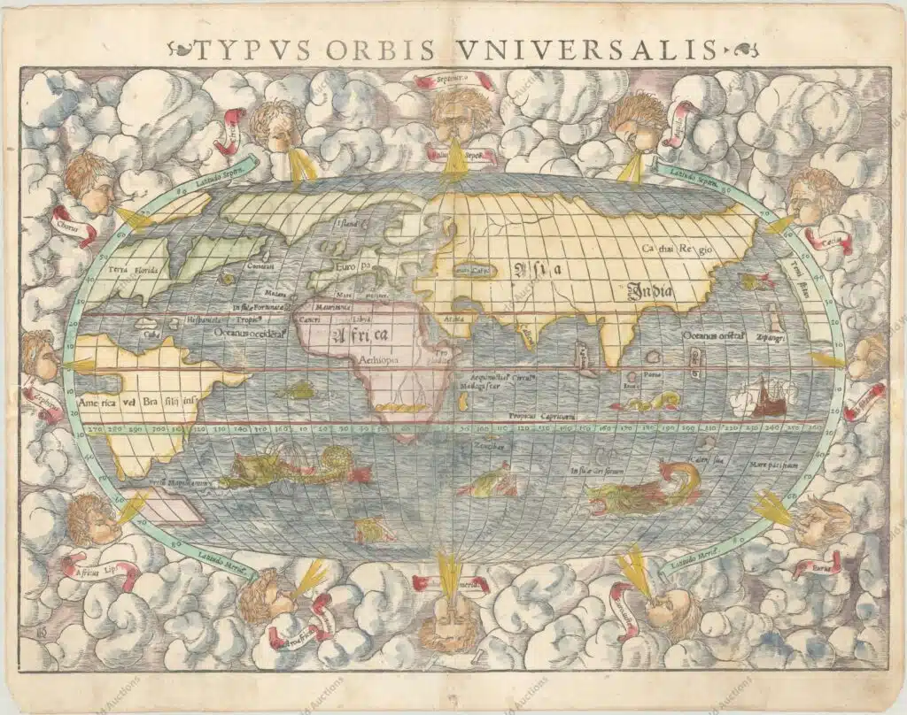 "Typus Orbis Universalis", Sebastian Muenster - Period: 1554 (published) - Publication: Cosmographiae Universalis Sebastian Munster (1489 - 1552) was one of the three most renowned cartographers of the sixteenth century, along with Mercator and Ortelius. Munster's Geographia and Cosmographia Universalis were two of the most widely read and influential books of the period. His editions of Ptolemy's Geographia, published between 1540 and 1552, were illustrated with 48 woodcut maps, the standard 27 Ptolemaic maps supplemented by 21 new maps. These new maps included a separate map of each of the known continents and marked the development of regional cartography in Central Europe. The antique geography was a prelude to Munster's major work, the Cosmographia, which was published in nearly 30 editions in six languages between 1544 and 1578 and then was revised and reissued by Sebastian Petri from 1588 to 1628. The Cosmographia was a geographical as well as historical and ethnographic description of the world. It contained the maps from the Geographia plus additional regional maps and city views with nearly 500 illustrations which made it one of the most popular pictorial encyclopedias of the sixteen century.This famous woodblock map is presented on an oval projection surrounded by clouds and wind heads with the title above the map. The continents are shown in rough outline only. North America is shown with the large cleft nearly separating the east coast from the continent, often referred to as the Sea of Verazano. What appears to be a large Northwest Passage stretches towards Asia. South America has a very strange shape as well. In Africa, the Nile is prominently shown with its twin sources beginning in a range of southern mountains. The mythical islands of Grisonum and Calensuan are placed in the proximity of Australia, where there is also the label Mare Pacificum. A sailing ship and several fierce sea monsters occupy the oceans. Initials of the engraver David Kandel in lower left-hand corner. This is the second 'modern' world map to appear in Munster's Cosmographia, published between 1550 and 1578. This example is from a Latin edition, with Latin text on verso.