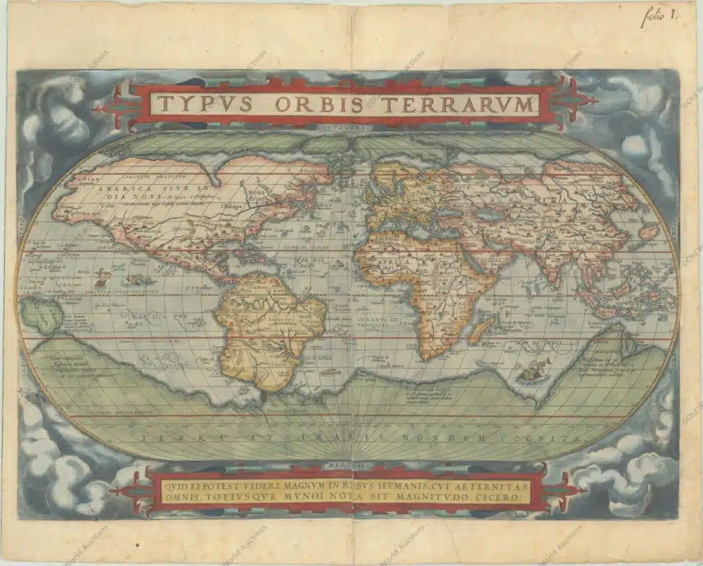"Typus Orbis Terrarum", Ortelius, Abraham, 1581 This is the first (of three) world maps that was included in Ortelius' famous atlas. It is a simplified reduction of Mercator's influential map of 1569 presented on an oval projection rather than the projection for which Mercator is now famous. From surviving correspondence, it is known that Mercator encouraged Ortelius and provided him with information, particularly with coordinates of places in the Americas. Placed on a cloud background, the map shows North America as much too wide and South America retains the unusual bulged southwestern coastline. At the poles, a prominent Northwest Passage snakes its way south of the four islands making up the arctic regions, and a huge Terra Australis Nondum Cognita makes up the imaginary southern continent. A notation next to New Guinea notes that it is unknown if this large island is a part of the southern continent. The title is in a strapwork banner at top, which is balanced with a quotation from Cicero at bottom. This superb map was engraved by Frans Hogenberg with his signature at bottom. The plate was used for the first 16 editions of the Theatrum. A crack developed in the lower left corner from 1570 onward. This example shows evidence of bolt impressions from repair work on the crack.