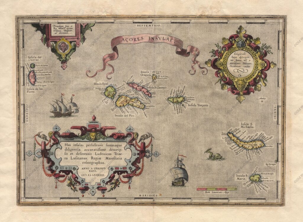 Mapa dos Açores de 1584 Map of the Azores from 1584 - Map of the Azores based on the cartography of Luis Teixeira. The islands are shown in good detail and the map is richly embellished with three large ornate cartouches, a title banner, sailing ships and a sea monster. "Acores Insulae", Ortelius, Abraham. Publication: Theatrum Orbis