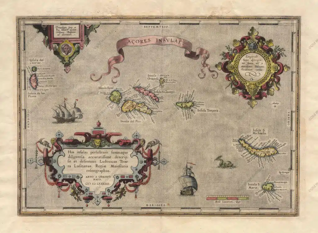 Mapa dos Açores de 1584 Map of the Azores from 1584 - Map of the Azores based on the cartography of Luis Teixeira. The islands are shown in good detail and the map is richly embellished with three large ornate cartouches, a title banner, sailing ships and a sea monster. "Acores Insulae", Ortelius, Abraham. Publication: Theatrum Orbis