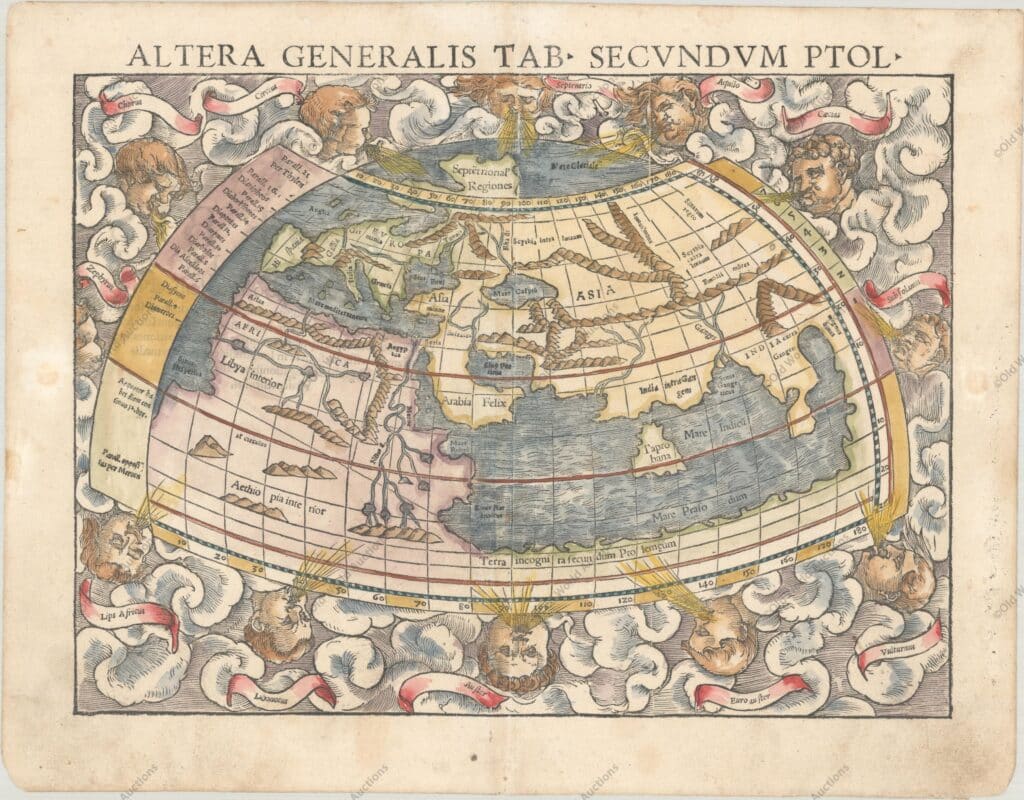 "Altera Generalis Tab. Secundum Ptol", Sebastian Muenster, 1554 - Publication: Cosmographiae Universalis Sebastian Munster (1489 - 1552) was one of the three most renowned cartographers of the sixteenth century, along with Mercator and Ortelius. Munster's Geographia and Cosmographia Universalis were two of the most widely read and influential books of the period. His editions of Ptolemy's Geographia, published between 1540 and 1552, were illustrated with 48 woodcut maps, the standard 27 Ptolemaic maps supplemented by 21 new maps. These new maps included a separate map of each of the known continents and marked the development of regional cartography in Central Europe. The antique geography was a prelude to Munster's major work, the Cosmographia, which was published in nearly 30 editions in six languages between 1544 and 1578 and then was revised and reissued by Sebastian Petri from 1588 to 1628. The Cosmographia was a geographical as well as historical and ethnographic description of the world. It contained the maps from the Geographia plus additional regional maps and city views with nearly 500 illustrations which made it one of the most popular pictorial encyclopedias of the sixteen century.Clouds and twelve named wind heads surround Munster’s woodblock world map. It displays the prevailing conception of the world geography prior to the discovery of the New World and according to Claudius Ptolemy. The continents are oddly shaped and all connected by a great southern continent Terra Incognita Secundum Ptolemaeum. There is a very large Taprobana (modern day Sri Lanka) in the enclosed Indian Ocean, and the Indian subcontinent is severely truncated. Only the northern part of Africa is shown with the Nile originating from a series of lakes in a large mountain range. There is a fine vertical crack line across the right-hand part of the map, which is present in nearly all editions.