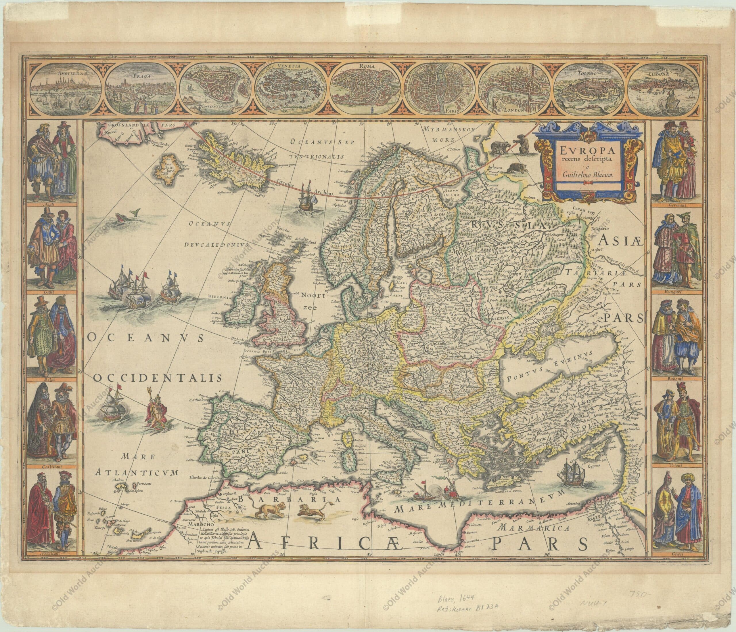 Map of Europe from 1644 (circa) This classic map of Europe is presented in the carte-de-figures style with vignettes on three sides. The upper frieze has nine bird's-eye views of Amsterdam, Prague, Constantinople, Venice, Rome, Paris, London, Toledo and Lisbon. The side borders contain the costumes of the noblemen and women of ten European nations. The map is embellished with sailing ships, sea monsters, bears and Neptune riding a dolphin and holding his trident. A beautiful map produced at the height of the Golden Age of Dutch mapmaking; it was included in the first volume of Blaeu's magnificent atlas. Latin text on verso, published between 1644-55. Publication: Theatrum Orbis Terrarum - Blaeu's Carte-a-Figures Map of Europe - "Europa Recens Descripta", Blaeu, Willem