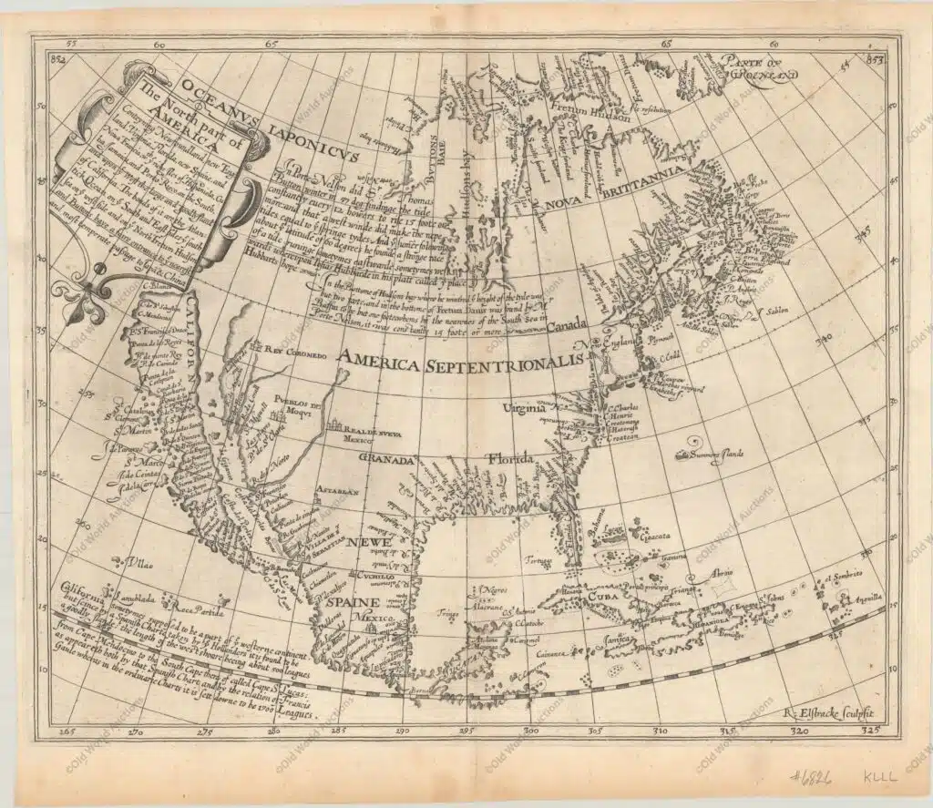Primeiro mapa inglês da América do Norte de 1625 This is the first English map, and very likely the very first map overall, to show California as an Island and features a flat northern coastline. Burden aptly describes this map as "the progenitor of the most persistent of cartographic misconceptions," as many scholars believe that Briggs' map was in fact the source for Abraham Goos' 1624 map of the continent that by publication date was the first map to show California as an island. The most compelling evidence for this argument on Goos' map is the lack of a Dutch presence in New England and the use of Hudsons R. which was the only Dutch map of the period to use this English name. If Briggs' map was in fact issued earlier, his would also be the first to name Hudson Bay, Hudson River, and Cape Cod among others. It was engraved by Reynold Elstracke with his imprint in the lower right corner and locates Plymouth, James Citti, and Real De Nueva Mexico (Santa Fe). No Great Lakes are depicted. There is a large Oceanus Iaponicus to the west of Hudson Bay with two paragraphs of text demonstrating knowledge of recent explorers seeking a Northwest Passage. The third paragraph at lower left relates to California and begins "California sometymes supposed to be a part of ye westerne continent, but scince by a Spanish Charte taken by ye Hollanders it is found to be a goodly Ilande..." indicating that the theory began with Spanish explorers. Vizcaino's voyage of 1602-03 is noted with the place names P.S. Diego and S. Clemet appearing for perhaps the first time. Friar Antonio de la Ascension was on Vizcaino's ship, whose written account is most likely the origin of the insular California theory.The map was featured in Henry Briggs' work entitled A Treatise of the North-West Passage to the South Sea, Through the Continent of Virginia, and by Fretum Hudson, which was issued in the third volume of Purchase His Pilgrimes with page numbers 852 and 853 in the top corners of the map.