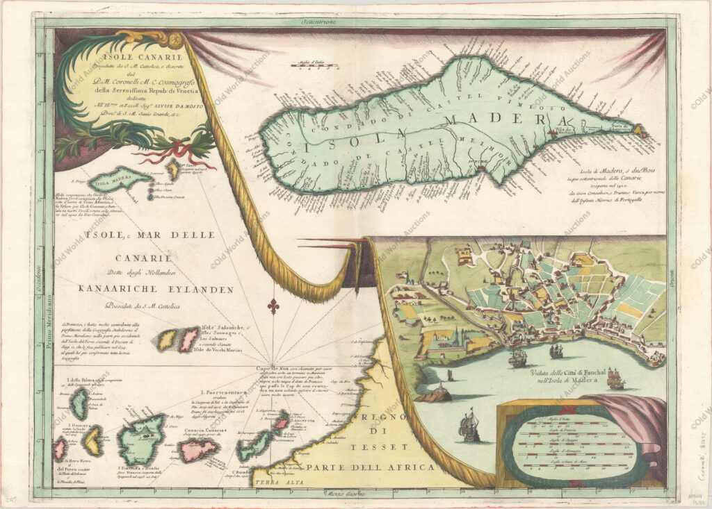 Map of Madeira and the Canary Islands, c. 1692 Map of Madeira and the Canary Islands, c. 1692 - Map details the Canary Island group on the left side of the map. The map is filled with rhumblines, fleur-de-lis and many notations and includes a portion of the African coastline. With two large inset charts filling the right half resting on a tasseled drapery background. The upper inset is a detailed chart of the island of Madeira, a volcanic archipelago in the North Atlantic north of the Canary Islands. The town of Madera (Fanchal) is shown below in a birds eye view that includes several ships in the harbor with the fortified town at the shore. The map is very decorative and beautifully engraved in Coronelli's characteristic style. Dedicated to Alvise da Mosto, "Procr di S. M. Sauio Grande." Blank verso. Vincenzo Coronelli was a Franciscan priest and renowned mathematician and cartographer. He was appointed official Cosmographer to the Venetian Republic in 1685 and founded the world's earliest geographic society, L'Accademia Cosmografica degli Argonauti. "Isole Canarie Possedutte da S.M. Cattolica...", Coronelli, Vincenzo Maria. - Publication: Atlante Veneto