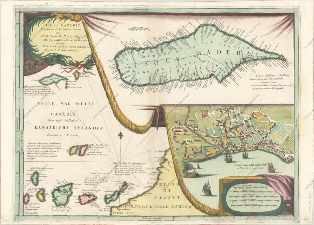 Map of Madeira and the Canary Islands, c. 1692 Map of Madeira and the Canary Islands, c. 1692 - Map details the Canary Island group on the left side of the map. The map is filled with rhumblines, fleur-de-lis and many notations and includes a portion of the African coastline. With two large inset charts filling the right half resting on a tasseled drapery background. The upper inset is a detailed chart of the island of Madeira, a volcanic archipelago in the North Atlantic north of the Canary Islands. The town of Madera (Fanchal) is shown below in a birds eye view that includes several ships in the harbor with the fortified town at the shore. The map is very decorative and beautifully engraved in Coronelli's characteristic style. Dedicated to Alvise da Mosto, "Procr di S. M. Sauio Grande." Blank verso. Vincenzo Coronelli was a Franciscan priest and renowned mathematician and cartographer. He was appointed official Cosmographer to the Venetian Republic in 1685 and founded the world's earliest geographic society, L'Accademia Cosmografica degli Argonauti. "Isole Canarie Possedutte da S.M. Cattolica...", Coronelli, Vincenzo Maria. - Publication: Atlante Veneto