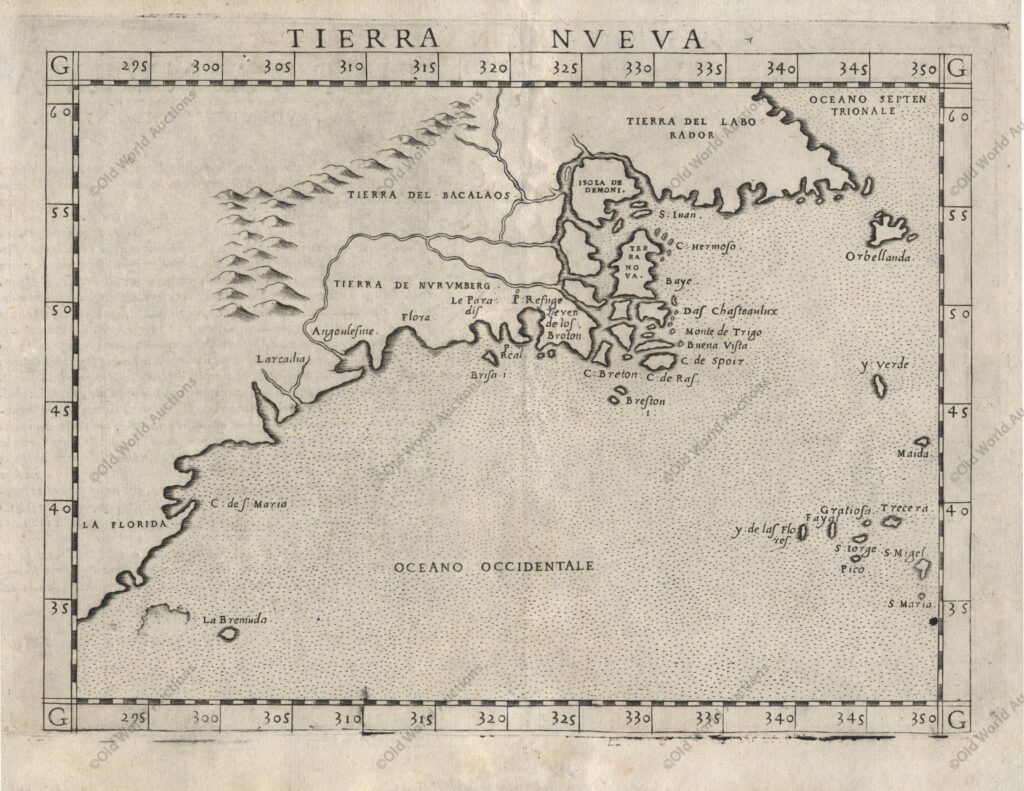 Mapa da América do Norte de 1574 Map of North America from 1574 Second state of Ruscelli's map based on Giacomo Gastaldi's map of 1548, which combined data from the Verrazano and Cartier voyages to create the first printed map devoted to the East Coast of North America. The nomenclature and cartography are unchanged, with the exception of the depiction of the Hudson and St. Lawrence Rivers (unnamed), which are shown connected upriver, a notion he borrowed from Ramusio. This is one of the first obtainable maps of the region and one of the first to name Bermuda. Engraved on copper by Giulio and Livio Sanuto in the unmistakable Italian style. "Tierra Nueva", Ruscelli, Girolamo. North America Period: 1574 (circa)