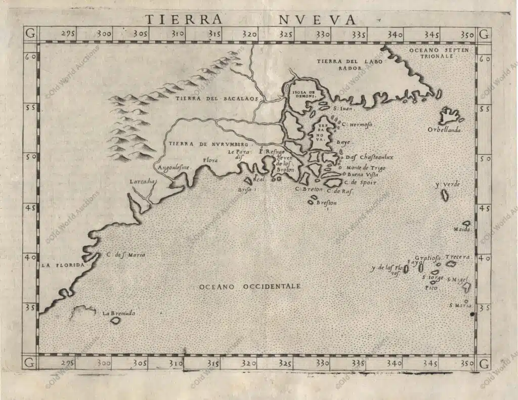 Mapa da América do Norte de 1574 Map of North America from 1574 Second state of Ruscelli's map based on Giacomo Gastaldi's map of 1548, which combined data from the Verrazano and Cartier voyages to create the first printed map devoted to the East Coast of North America. The nomenclature and cartography are unchanged, with the exception of the depiction of the Hudson and St. Lawrence Rivers (unnamed), which are shown connected upriver, a notion he borrowed from Ramusio. This is one of the first obtainable maps of the region and one of the first to name Bermuda. Engraved on copper by Giulio and Livio Sanuto in the unmistakable Italian style. "Tierra Nueva", Ruscelli, Girolamo. North America Period: 1574 (circa)