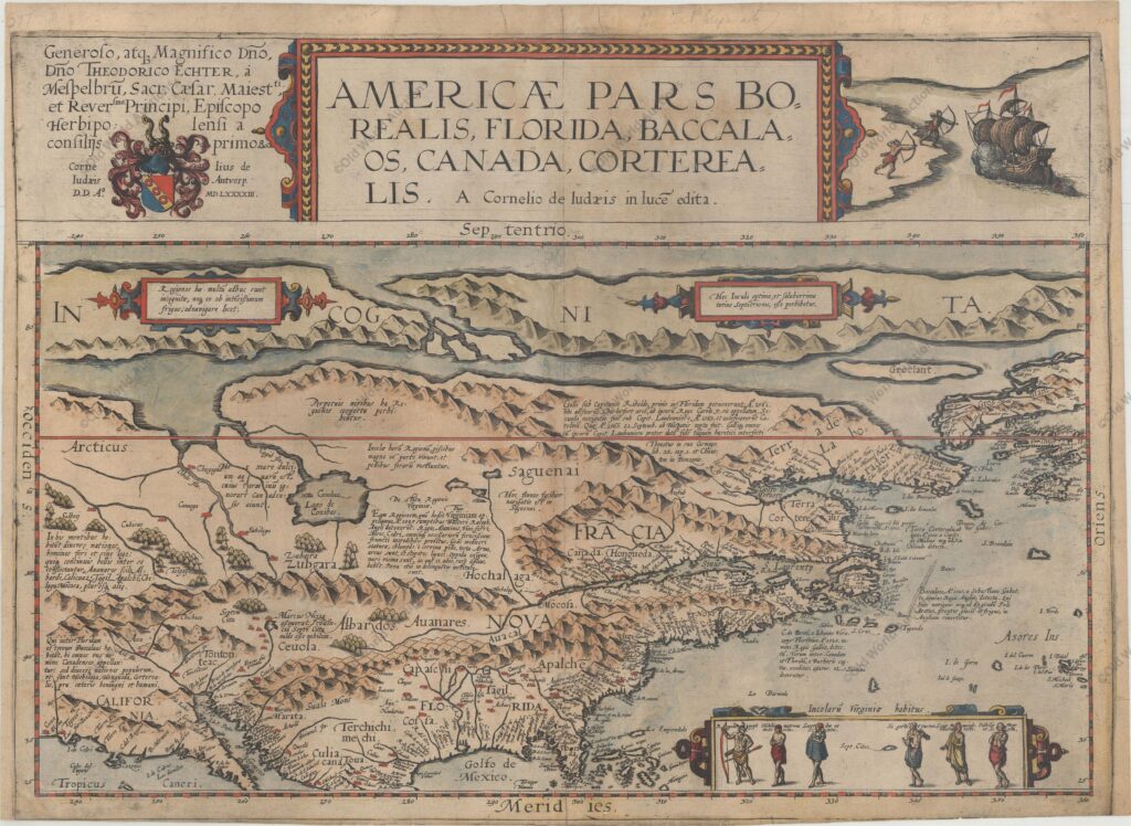 Mapa da América do Norte de 1593 Map of North America from 1593 - This very rare map is the second printed map of the North American continent, following the smaller Forlani map of 1565. It was issued in Cornelis de Jode's Speculum Orbis Terrae in 1593, which was a revised edition of an earlier atlas published by his father Gerard in 1578. The present map was one of the several new engravings in Cornelis' work. While the atlas did not have much commercial success, de Jode's maps are often regarded as superior in both design and cartographic detail to his more successful competitor, Abraham Ortelius. Cartographically, the map is based upon Petrus Plancius' eighteen sheet world map of 1592 for the outline of North America. With only a few exceptions, the place names also directly follow Plancius' work. The map is notable for incorporating some of the concepts published in Theodore de Bry's Grand Voyages from 1590, including maps by John White and Jacques Le Moyne. Despite this new information, the Chesapeake Bay is placed too far north at a latitude equivalent to present-day Boston, while Virginia is north of C. de las Arenas (Cape Cod). These misplacements pushed the entire coastline too far to the north, and Norombega (New England) extends in an east-west direction between Chesepoc Sinus and the St. Lawrence River. To the north of the North American landmass is a prominent depiction of a Northwest Passage with a large mythical Lago de Conibas emptying into it. In the southwest, the seven cities of Cibola are situated next to an unnamed lake along with a note about Marcus Niza. The map is beautifully embellished with de Jode's distinct style, and is further decorated by a cartouche featuring six Virginia natives (per John White) and a vignette depicting the attack on Martin Frobisher's ship. Dedication to Theodor Echter at top left. There was only one edition of the Speculum produced, making this map quite rare on the market. The present example has a blank verso, and Burden notes that de Jode was selling this map both in the atlas and as a separate sheet. Wagner also states that examples occur without text. Publication: Speculum Orbis Terrae. The Second Printed Map of the North American Continent "Americae Pars Borealis, Florida, Baccalaos, Canada, Corterealis", Jode, Cornelis de