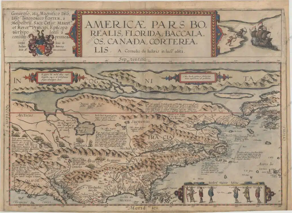 Mapa da América do Norte de 1593 Map of North America from 1593 - This very rare map is the second printed map of the North American continent, following the smaller Forlani map of 1565. It was issued in Cornelis de Jode's Speculum Orbis Terrae in 1593, which was a revised edition of an earlier atlas published by his father Gerard in 1578. The present map was one of the several new engravings in Cornelis' work. While the atlas did not have much commercial success, de Jode's maps are often regarded as superior in both design and cartographic detail to his more successful competitor, Abraham Ortelius. Cartographically, the map is based upon Petrus Plancius' eighteen sheet world map of 1592 for the outline of North America. With only a few exceptions, the place names also directly follow Plancius' work. The map is notable for incorporating some of the concepts published in Theodore de Bry's Grand Voyages from 1590, including maps by John White and Jacques Le Moyne. Despite this new information, the Chesapeake Bay is placed too far north at a latitude equivalent to present-day Boston, while Virginia is north of C. de las Arenas (Cape Cod). These misplacements pushed the entire coastline too far to the north, and Norombega (New England) extends in an east-west direction between Chesepoc Sinus and the St. Lawrence River. To the north of the North American landmass is a prominent depiction of a Northwest Passage with a large mythical Lago de Conibas emptying into it. In the southwest, the seven cities of Cibola are situated next to an unnamed lake along with a note about Marcus Niza. The map is beautifully embellished with de Jode's distinct style, and is further decorated by a cartouche featuring six Virginia natives (per John White) and a vignette depicting the attack on Martin Frobisher's ship. Dedication to Theodor Echter at top left. There was only one edition of the Speculum produced, making this map quite rare on the market. The present example has a blank verso, and Burden notes that de Jode was selling this map both in the atlas and as a separate sheet. Wagner also states that examples occur without text. Publication: Speculum Orbis Terrae. The Second Printed Map of the North American Continent "Americae Pars Borealis, Florida, Baccalaos, Canada, Corterealis", Jode, Cornelis de