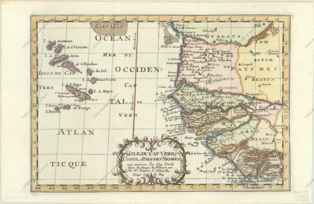 Map of West Africa and the Cape Verde Islands, 1699 - Map of the important Cape Verde Islands and the opposite African coast from Cap Blanc to Sierra Leone. There is a lot of detail along the African coastline, with numerous cities, capes, rivers, and more identified. A fancy decorative title cartouche adorns the bottom of the map. Sanson's small maps from his L'Afrique en Plusieurs Cartes..., first published in 1656 and engraved by A. Peyrounin, were copied several times by various map publishers. Johann David Zunners made copies of Sanson's maps for his German translation of Die Gantze Erd-Kugel in 1679. Johannes Ribbius and Simon de Vries published copies in 1682 and 1683, with new maps engraved by Antoine d'Winter. The plates were later sold to Francois Halma, who used them in 1699 and then again in 1705 with the titles re-engraved in Dutch. The titles on the d'Winter plates were re-engraved back into French, and then used by Nicholas Chemereau in 1715 and by Henri du Sauzet in 1738. "Isles du Cap Verd Coste, et Pays des Negres aux Environs du Cap Verd...", Sanson, Nicolas