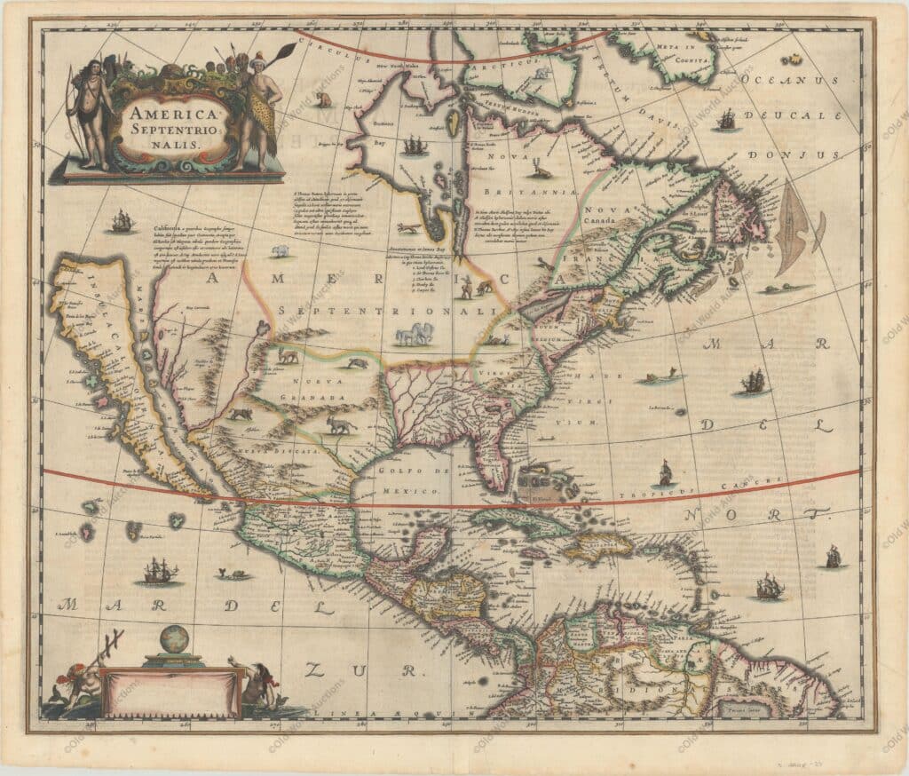 Mapa da América do Norte colonial em 1638 Due to its wide distribution by one of the preeminent Dutch mapmakers, this important map of North America had great influence in perpetuating the theory of California as an island. The map is a careful compilation of various sources and represents the state of cartographic knowledge at the time. The insular California is derived directly from Henry Briggs, as is the depiction of the Arctic. A great number of place names are revealed on California, including po. de S. Diego (San Diego) and Po. Sir Francisco Draco (San Francisco). The Rio del Norto (Rio Grande) originates in a large western lake and flows incorrectly into the Mare Vermio (Gulf of California). The cartography of the Gulf of Mexico and Florida is based on Hessel Gerritsz. On the east coast the region identified as Novum Belgium is greatly elongated; Iames Towne and a few place names from John Smith's map appear in Nova Anglia. There is a single Lac des Iroquois in the Great Lakes region. The map is richly embellished with a variety of animals throughout the interior. The oceans are teeming with ships and sea monsters. The title cartouche features several Native Americans and two comely mermaids flank the imprint cartouche. This is the rare first state with a blank cartouche at lower left. First edition, with Latin text on verso.