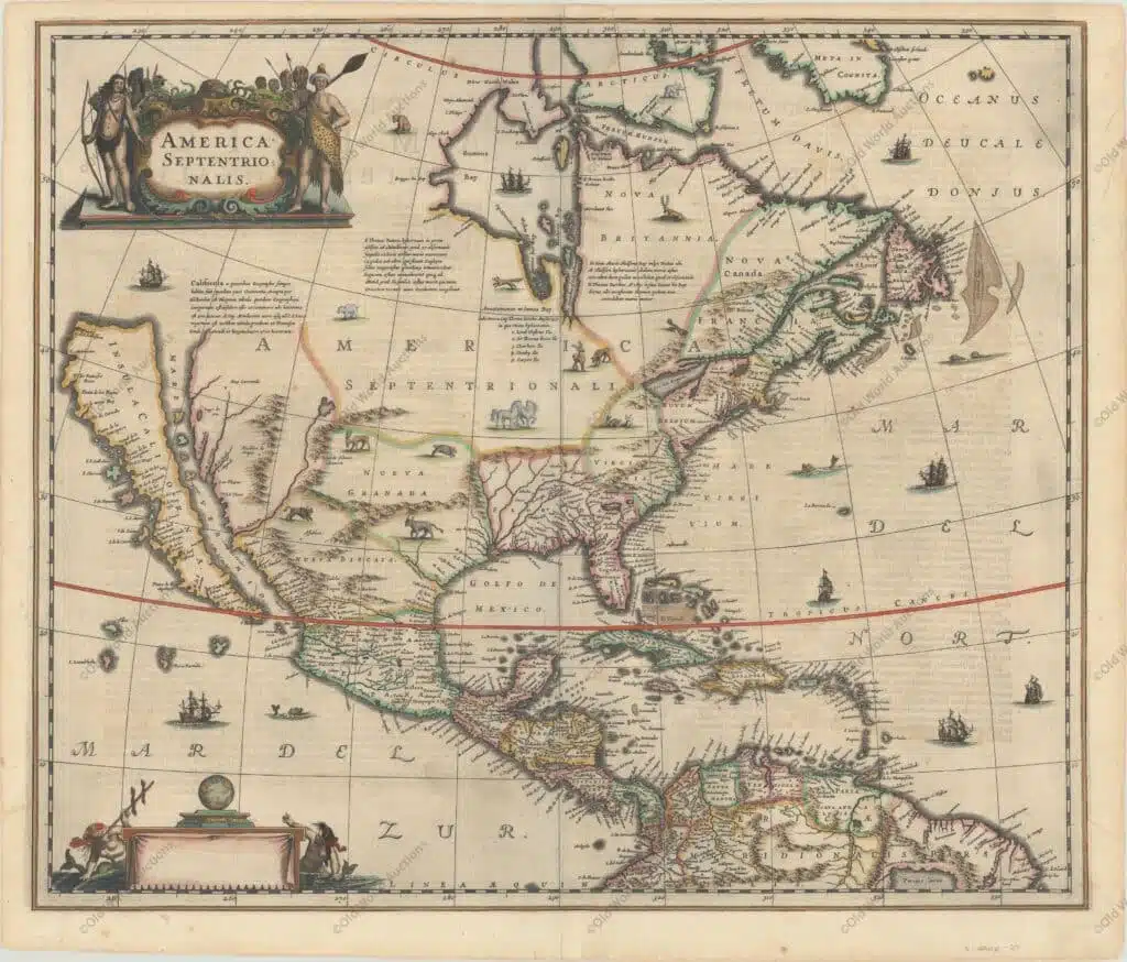 Mapa da América do Norte colonial em 1638 Due to its wide distribution by one of the preeminent Dutch mapmakers, this important map of North America had great influence in perpetuating the theory of California as an island. The map is a careful compilation of various sources and represents the state of cartographic knowledge at the time. The insular California is derived directly from Henry Briggs, as is the depiction of the Arctic. A great number of place names are revealed on California, including po. de S. Diego (San Diego) and Po. Sir Francisco Draco (San Francisco). The Rio del Norto (Rio Grande) originates in a large western lake and flows incorrectly into the Mare Vermio (Gulf of California). The cartography of the Gulf of Mexico and Florida is based on Hessel Gerritsz. On the east coast the region identified as Novum Belgium is greatly elongated; Iames Towne and a few place names from John Smith's map appear in Nova Anglia. There is a single Lac des Iroquois in the Great Lakes region. The map is richly embellished with a variety of animals throughout the interior. The oceans are teeming with ships and sea monsters. The title cartouche features several Native Americans and two comely mermaids flank the imprint cartouche. This is the rare first state with a blank cartouche at lower left. First edition, with Latin text on verso.