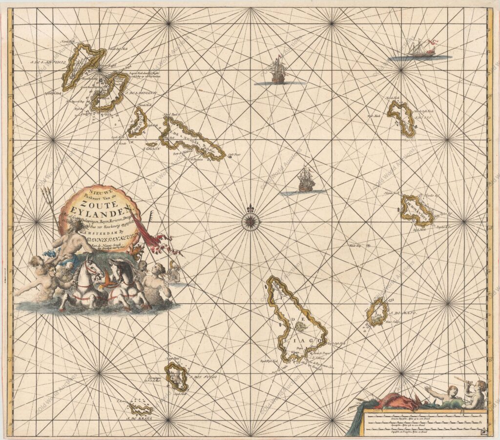 Map of the Cape Verde Islands, 1697 Map of the Cape Verde Islands, 1697 - A large copper engraved sea chart of the Cape Verde Islands. A beautiful decorative title cartouche with a sea shell surrounds the title that rests above a scene of Poseidon, mermaids and horses. The chart is further adorned with two sailing ships and a distance scale at bottom right featuring sea-boys and fish. Publication: De Nieuwe Groote Lichtende Zee-Fakkel "Nieuwe Paskaart van de Zoute Eylanden...", Keulen, Johannes van
