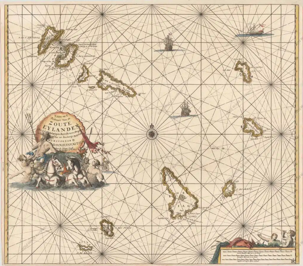Map of the Cape Verde Islands, 1697 Map of the Cape Verde Islands, 1697 - A large copper engraved sea chart of the Cape Verde Islands. A beautiful decorative title cartouche with a sea shell surrounds the title that rests above a scene of Poseidon, mermaids and horses. The chart is further adorned with two sailing ships and a distance scale at bottom right featuring sea-boys and fish. Publication: De Nieuwe Groote Lichtende Zee-Fakkel "Nieuwe Paskaart van de Zoute Eylanden...", Keulen, Johannes van