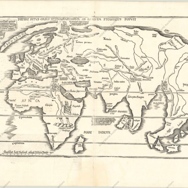 Este é um dos dois mapas-múndi “modernos” incluídos no atlas ptolomaico de Fries e um dos poucos mapas-múndi do início do século XVI disponíveis para colecionadores. É uma versão reduzida do famoso Mapa do Almirante, de Waldseemuller, concentrando-se no Velho Mundo, mas mostrando partes da América no lado esquerdo. Mostra o mundo numa combinação de equívocos clássicos com algumas das descobertas mais recentes, como um pouco da costa da América do Sul ao longo da borda esquerda. A Gronelândia é desenhada como uma península alongada ligada a uma Escandinávia ainda de forma primitiva. A adaptação de Fries apresenta as montanhas de uma maneira estilizada diferente e não tem as linhas direcionais da placa de Waldseemuler. Foram adicionados elementos decorativos, incluindo um elefante ao largo da costa da Groenlândia e retratos de cinco reis: Rússia, Egito, Etiópia, Toprobana e Mursuli. Ela oferece uma visão fascinante do que se sabia e não se sabia sobre o mundo no início da Era dos Descobrimentos. O canto superior direito da borda está faltando, como é o caso das edições de 1525 a 1541.
