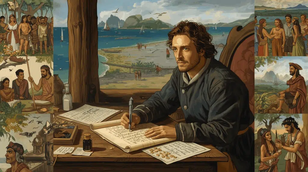 A Carta de Pêro Vaz de Caminha — 1º de maio de 1500 A Carta de Pêro Vaz de Caminha — 1º de maio de 1500 — foco central no escrivão Pêro Vaz de Caminha sentado à mesa rústica na nau-capitânia ou em abrigo simples na praia de Porto Seguro, escrevendo com pena de metal e tinta sobre pergaminho largo; expressão concentrada, traços refinados de um homem culto do início do século XVI, vestes modestas de escrivão, ao lado tinteiro, mapas enrolados, instrumentos de navegação (astrolábio, bússola), relatos e sementes/fragmentos botânicos recolhidos.