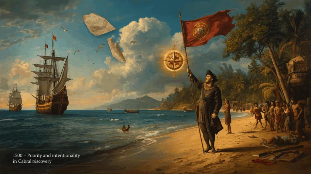 A prioridade portuguesa e a intencionalidade no descobrimento cabralino do Brasil. A prioridade portuguesa e a intencionalidade no descobrimento cabralino do Brasil -Cena histórica e evocativa, estilo pintura a óleo realista com iluminação dramática: na esquerda, uma esquadra portuguesa do século XV com caravelas e na proa uma nau principal com bandeira de Portugal; ao centro, Pedro Álvares Cabral em traje de capitão, erguendo um estandarte e fazendo ato oficial de posse na praia de um litoral tropical (areia dourada, vegetação de Mata Atlântica ao fundo); à direita, pequenas figuras de marinheiros e nativos observando; ao fundo, no horizonte, uma nau espanhola distante e outra francesa apenas sugerida, simbolizando a controvérsia sobre prioridade; no céu, mapas antigos e fragmentos do Tratado de Tordesilhas semi-translúcidos sobrepostos como se flutuassem (mostrando linhas de demarcação) e uma bússola náutica iluminada próxima a Cabral; incluir detalhes históricos: instrumentos de navegação (astrolábio, mapas), aves marinhas voando; paleta de cores quentes e oceânicas, textura de pincel visível, composição equilibrada em três planos (mar, praia, mapa simbólico), atmosfera de descoberta, ambiguidade entre acaso e intenção. Texto opcional pequeno e discreto no rodapé: "1500 — prioridade e intencionalidade no descobrimento cabralino".