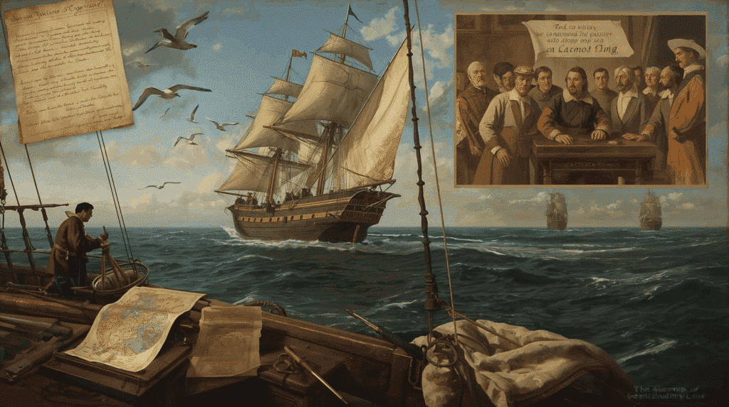 A questão da intencionalidade — 1500 A questão da intencionalidade — 1500 - Cena narrativa e simbólica, estilo pintura histórica realista com leve granulação de tela: em primeiro plano, a nau-mãe da frota de Cabral navegando em mar aberto com velas cheias — à proa um piloto consultando um astrolábio e mapas com traçados de rota (“caminho de longo”); à esquerda, uma folha de Instruções parcialmente visível sobre uma mesa de navegação, sem menção clara ao Brasil; no céu, um bando de aves marinhas voando em direção ao sul, sugerindo possível sinal de terra; ao fundo, outra embarcação (Vasco da Gama) em distância média, e silhuetas de navios no horizonte; em um plano médio-direito, cena sobreposta em transparência de uma reunião de capitães em convés, expressões surpresas enquanto deliberam (retorno de nau, desembarque de degredados), para indicar desconhecimento da nova terra; detalhes: bússola, cartas náuticas com léguas e latitudes, trecho manuscrito com a frase destacada “E assim seguimos nosso caminho, por este mar, de longo”; paleta de azuis oceânicos e ocres, luz dourada baixa (amanhecer/tarde), atmosfera ambígua entre intenção e acaso. Texto pequeno opcional no rodapé: “A questão da intencionalidade — 1500”.