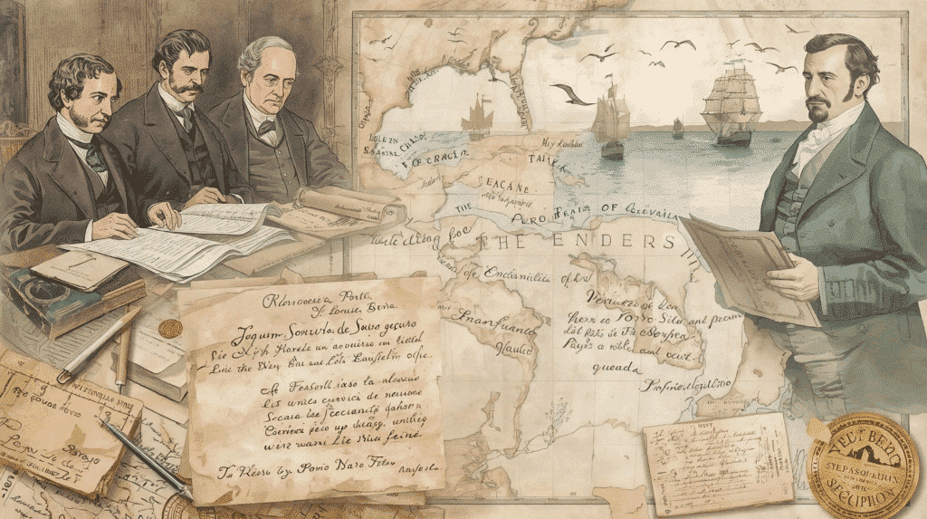 A questão da prioridade — 1852 A questão da prioridade — 1852 - Cena histórica e simbólica, estilo ilustração a tinta e aquarela com textura de papel antigo — composição em camadas mostrando: à esquerda, uma sessão do Instituto Histórico e Geográfico Brasileiro em 1852, homens em trajes do século XIX examinando uma carta antiga (etiquetada “Joaquim Norberto de Sousa e Silva”); ao centro, em primeiro plano, a carta de Porto Seguro aberta com trecho destacado em caligrafia antiga e um mapa-múndi envelhecido com uma área em branco onde faltaria o mapa de Pêro Vaz Bisagudo (marcas de dobra, manchas de água, selo apagado); sobre esse mapa, uma sobreposição translúcida mostrando a linha do Tratado de Tordesilhas e uma régua/escala indicando “250 léguas”; à direita, figuras históricas semi-translúcidas: Duarte Pacheco Pereira com um exemplar do Esmeraldo, e, atrás dele, silhuetas de navios dos irmãos Corte-Real navegando rumo ao Norte (Canadá/Terra Nova); elementos adicionais: astrolábio, bússola, fragmentos de manuscritos com a frase “muito e fino brasil”, aves marinhas no horizonte e um selo dourado com as palavras “sigilo / suspeita”; paleta sépia e oceânica, contrastes suaves, iluminação focal sobre o mapa em branco para enfatizar o mistério da ausência do documento, atmosfera de investigação histórica e dúvida sobre prioridade. Texto discreto opcional no rodapé: “A questão da prioridade — 1852”.