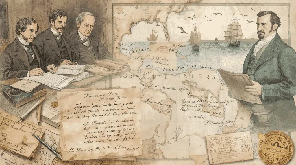 A questão da prioridade — 1852 A questão da prioridade — 1852 - Cena histórica e simbólica, estilo ilustração a tinta e aquarela com textura de papel antigo — composição em camadas mostrando: à esquerda, uma sessão do Instituto Histórico e Geográfico Brasileiro em 1852, homens em trajes do século XIX examinando uma carta antiga (etiquetada “Joaquim Norberto de Sousa e Silva”); ao centro, em primeiro plano, a carta de Porto Seguro aberta com trecho destacado em caligrafia antiga e um mapa-múndi envelhecido com uma área em branco onde faltaria o mapa de Pêro Vaz Bisagudo (marcas de dobra, manchas de água, selo apagado); sobre esse mapa, uma sobreposição translúcida mostrando a linha do Tratado de Tordesilhas e uma régua/escala indicando “250 léguas”; à direita, figuras históricas semi-translúcidas: Duarte Pacheco Pereira com um exemplar do Esmeraldo, e, atrás dele, silhuetas de navios dos irmãos Corte-Real navegando rumo ao Norte (Canadá/Terra Nova); elementos adicionais: astrolábio, bússola, fragmentos de manuscritos com a frase “muito e fino brasil”, aves marinhas no horizonte e um selo dourado com as palavras “sigilo / suspeita”; paleta sépia e oceânica, contrastes suaves, iluminação focal sobre o mapa em branco para enfatizar o mistério da ausência do documento, atmosfera de investigação histórica e dúvida sobre prioridade. Texto discreto opcional no rodapé: “A questão da prioridade — 1852”.