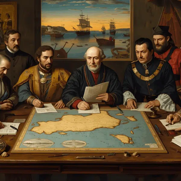 Cena histórica detalhada: assinatura do Tratado de Tordesilhas (1494). No centro, uma mesa de madeira antiga coberta por pergaminhos e um grande mapa náutico do Atlântico mostrando as Ilhas de Cabo Verde; alguns homens vestidos em trajes finais do século XV — representantes portugueses (incluindo Dom João II em traje régio discreto) e espanhóis.
