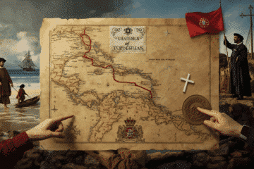 Duas Descobertas — Pinzón e Cabral, o Tratado de Tordesilhas — composição dividida em dois planos integrados. À esquerda, Vicente Yánez Pinzón desembarcando com pequena caravela espanhola em praia costeira, traje castelhano final do século XV, interação inicial com a terra (marcadores simples), atmosfera de chegada e reconhecimento; à direita, Pedro Álvares Cabral em postura oficial à frente de sua nau-capitânia com bandeira portuguesa, cerimônia de posse simbólica (cruz e hasteamento da divisa real), marinheiros e frades presentes. Ao centro, em primeiro plano, um grande mapa manuscrito do Atlântico com a linha do Tratado de Tordesilhas traçada em vermelho, um pergaminho selado e um selo real (castelhano e português) sobrepostos, sugerindo validade legal da posse; mãos diferentes apontam o mapa — uma espanhola, outra portuguesa.