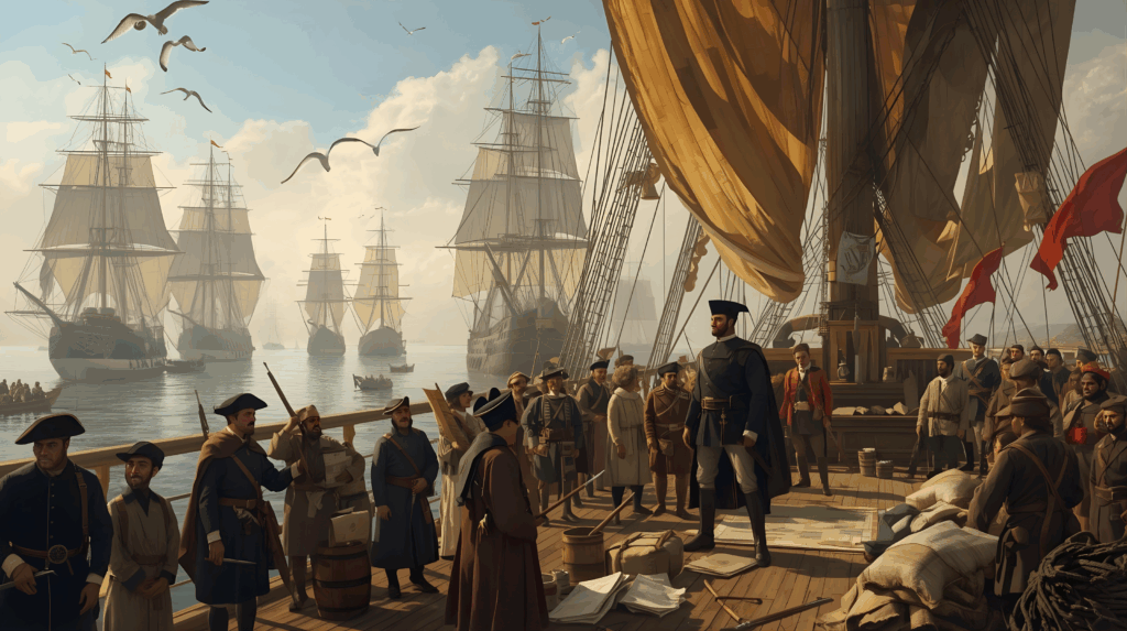 Expedição de Pedro Ávares Cabral em 1500 Expedição de Pedro Ávares Cabral em 1500 — frota portuguesa ancorada num porto ao amanhecer, pronta para zarpar; treze navios de diferentes tonelagens (naus robustas com velas quadradas, algumas caravelas com velas latinas), cordame detalhado, velas arriadas parcialmente, mastros altos e bandeiras de Portugal tremulando. No convés da nau capitânia, destaque para Pedro Álvares Cabral em postura de comando — traje nobre do início do século XVI (gola alta, gibão, capa curta, espada e elmo ao lado), recebendo mapas e instruções de oficiais; ao redor, marinheiros, soldados armados com arcabuzes e espadas, frades franciscanos com hábito simples, o bacharel-mestre médico com instrumentos, mercadores e o escrivão Pêro Vaz de Caminha com pergaminhos. Presença de navegadores notáveis (Bartolomeu Dias e irmão, Nicolau Coelho) em trajes de marinheiro de época conversando com o piloto Pêro Escolar e o subcomandante Sancho de Tovar. Em segundo plano, oficiais organizando suprimentos — barris, cordas, mercadorias e malabares exóticos trazidos da Índia; pequenas embarcações de apoio na água. Atmosfera: alvorada quente, névoa leve sobre o mar, luz dourada iluminando rostos e madeiras envelhecidas, sensação de expectativa e grandeza histórica.