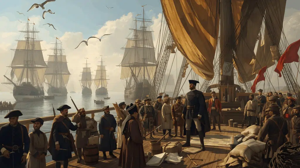Expedição de Pedro Ávares Cabral em 1500 Expedição de Pedro Ávares Cabral em 1500 — frota portuguesa ancorada num porto ao amanhecer, pronta para zarpar; treze navios de diferentes tonelagens (naus robustas com velas quadradas, algumas caravelas com velas latinas), cordame detalhado, velas arriadas parcialmente, mastros altos e bandeiras de Portugal tremulando. No convés da nau capitânia, destaque para Pedro Álvares Cabral em postura de comando — traje nobre do início do século XVI (gola alta, gibão, capa curta, espada e elmo ao lado), recebendo mapas e instruções de oficiais; ao redor, marinheiros, soldados armados com arcabuzes e espadas, frades franciscanos com hábito simples, o bacharel-mestre médico com instrumentos, mercadores e o escrivão Pêro Vaz de Caminha com pergaminhos. Presença de navegadores notáveis (Bartolomeu Dias e irmão, Nicolau Coelho) em trajes de marinheiro de época conversando com o piloto Pêro Escolar e o subcomandante Sancho de Tovar. Em segundo plano, oficiais organizando suprimentos — barris, cordas, mercadorias e malabares exóticos trazidos da Índia; pequenas embarcações de apoio na água. Atmosfera: alvorada quente, névoa leve sobre o mar, luz dourada iluminando rostos e madeiras envelhecidas, sensação de expectativa e grandeza histórica.
