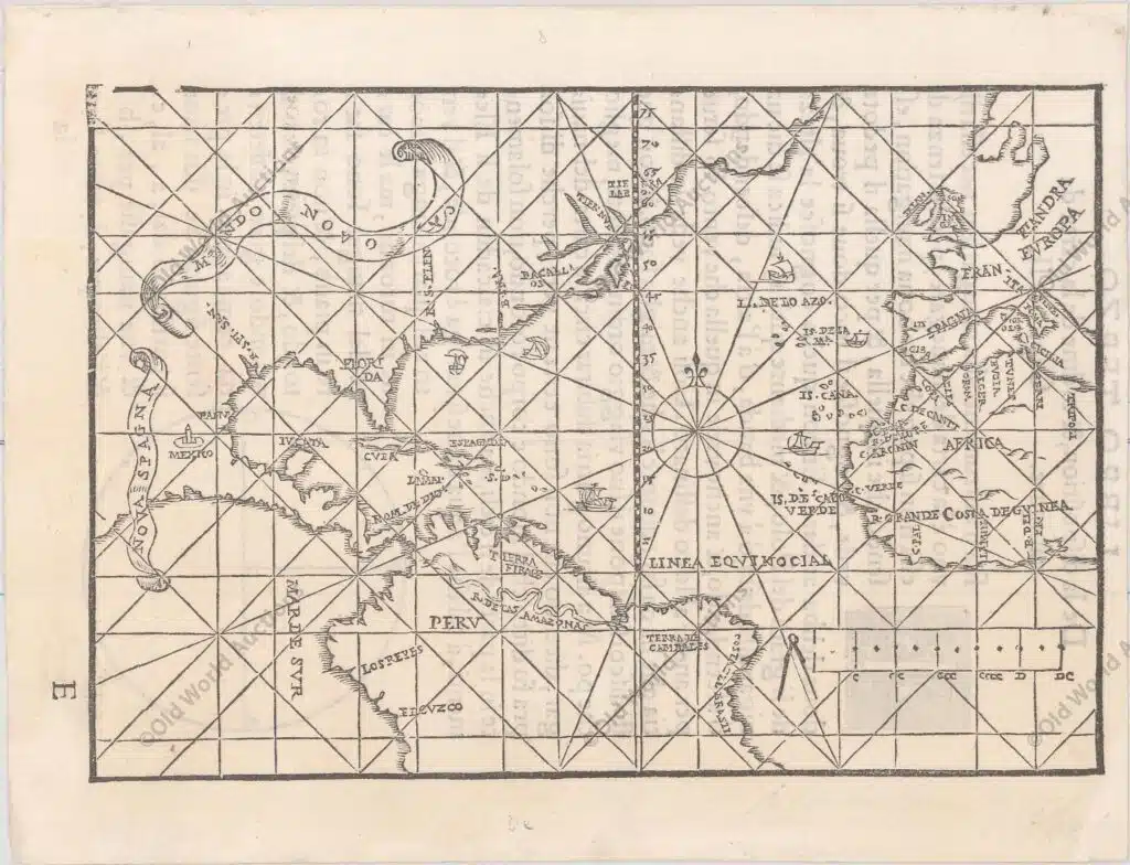 Mapa do Novo Mundo de 1554 Map of the New World from 1554 "Mundo Novo", De Medina, Pedro Period: 1554 (circa) Publication: L'Arte del Navegar This extremely rare map was issued in the Italian edition of Medina’s "Art of Navigation," which is considered to be the first practical book on the science of navigation. Medina traveled to the New World with Cortes, so the map is based in part upon his own knowledge and observation. First published in 1545 in a slightly larger version, Medina's map was the first to depict the Papal Line of Demarcation, which runs prominently down the middle of the map. The Line was a result of the Treaty of Tordesillas in 1494 by which all lands to the west of the line belonged to Spain (including most of the Americas) and all lands to its east to Portugal (including a portion of eastern Brazil). Medina's map was also the first to depict the Rio Spiritu Santo (R. Spi. San.) in Texas. Geographically, the region around Central America is reasonably well depicted including the Isthmus of Panama, although the Yucatan peninsula has reverted to an insular form. In South America, a prominent Amazon River flows northwest nearly reaching Panama. Most of the details along the eastern shore of North America are not easily distinguishable, although a distinct Gulf of St. Lawrence appears based on the explorations of Jacques Cartier. The land to the west of Mexico stretches in a southwesterly direction and is labeled Nova Spagna. Surrounding a large compass rose is a series of sailing ships indicating the navigational routes to and from Spain to the New World.